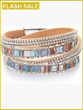 Leather Wrap Bracelet Multilayer Crystal Beads Cuff Boho Style Handmade